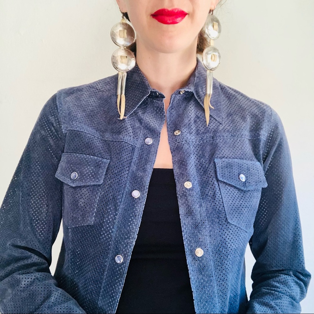 🔥SOLD🔥90s VTG 100% Suede Mesh Gray Western Cowgirl Long Sleeve Button Down